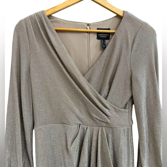 NWT Adrianna Papell Women Draped Knit Faux Wrap Dress Long Sleeve Gold Champagne - Picture 2 of 10